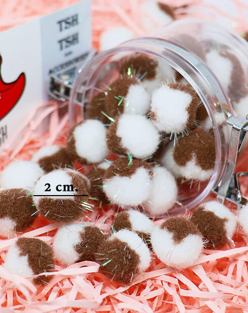ปอม ปอม กำมะหยี่ มีดิ้น ขนาด 2 ซม. สีทูโทน ขาว น้ำตาล