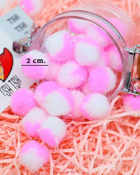 ปอม ปอม กำมะหยี่ มีดิ้น ขนาด 2 ซม. สีทูโทน ขาว  ชมพู