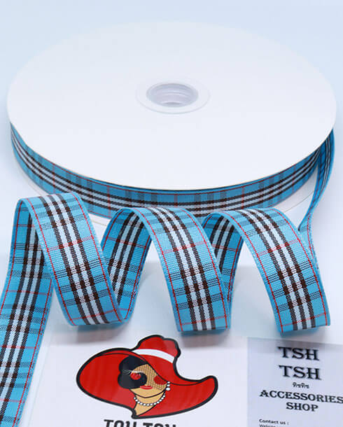 ริบบิ้นผ้าลายสก็อต ขนาด 15 มิล สีฟ้า ยาว 50 หลา 