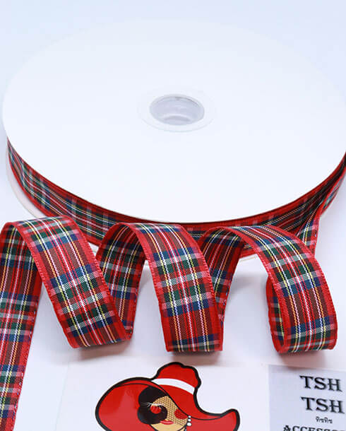 ริบบิ้นผ้าลายสก็อต ขนาด 15 มิล สีแดง ยาว 50 หลา #E1-41