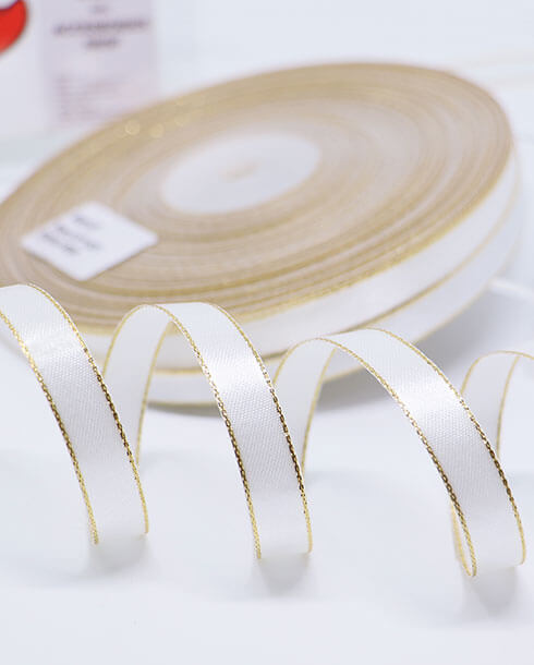 3/8 (10 mm.) Golden Edge Satin Ribbon 50 Yard White Color No.01#