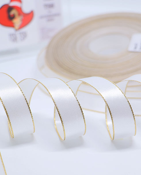 5/8 (15 mm.) Golden Edge Double Sided Satin Ribbon 50 Yards White Color No.01#