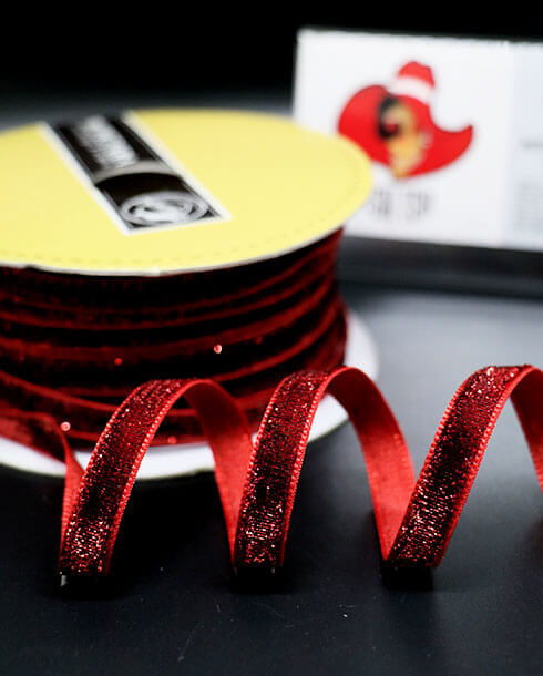 ริบบิ้นผ้ากากเพชร ขนาด 10 มิล สีแดง ยาว 36 หลา 