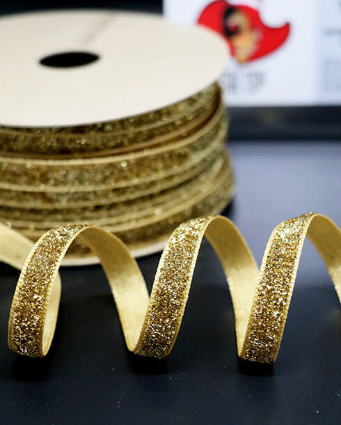 ริบบิ้นผ้ากากเพชร ขนาด 10 มิล สีทอง ยาว 36 หลา 