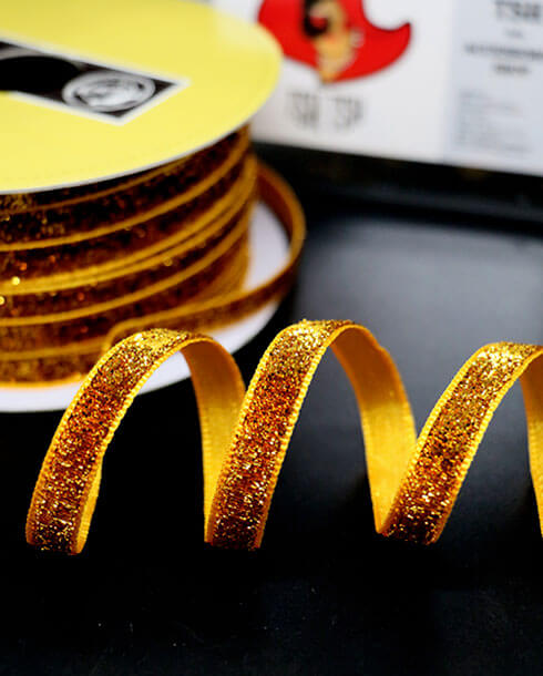 ริบบิ้นผ้ากากเพชร ขนาด 10 มิล สีเหลือง ยาว 36 หลา 