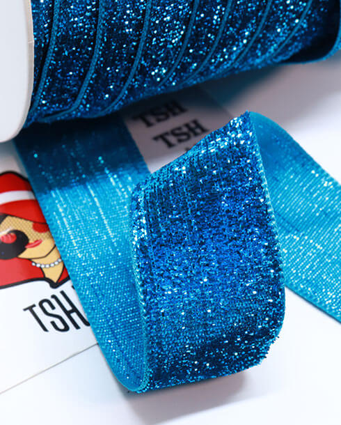 ริบบิ้นผ้ากากเพชร ขนาด 1 นิ้ว สีฟ้า    
