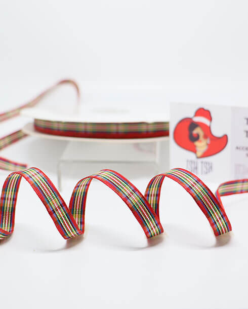 ริบบิ้นผ้าลายสก็อต ขนาด 10 มิล สีแดง ยาว 50 หลา #E1-36