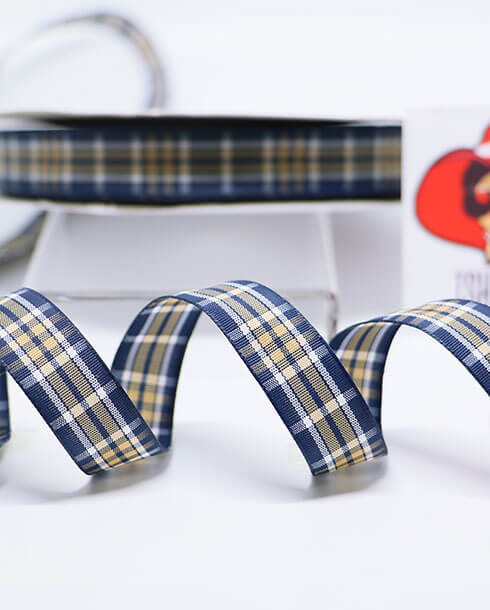 ริบบิ้นผ้าลายสก็อต ขนาด 15 มิล สีกรมท่า ยาว 50 หลา #E1-42