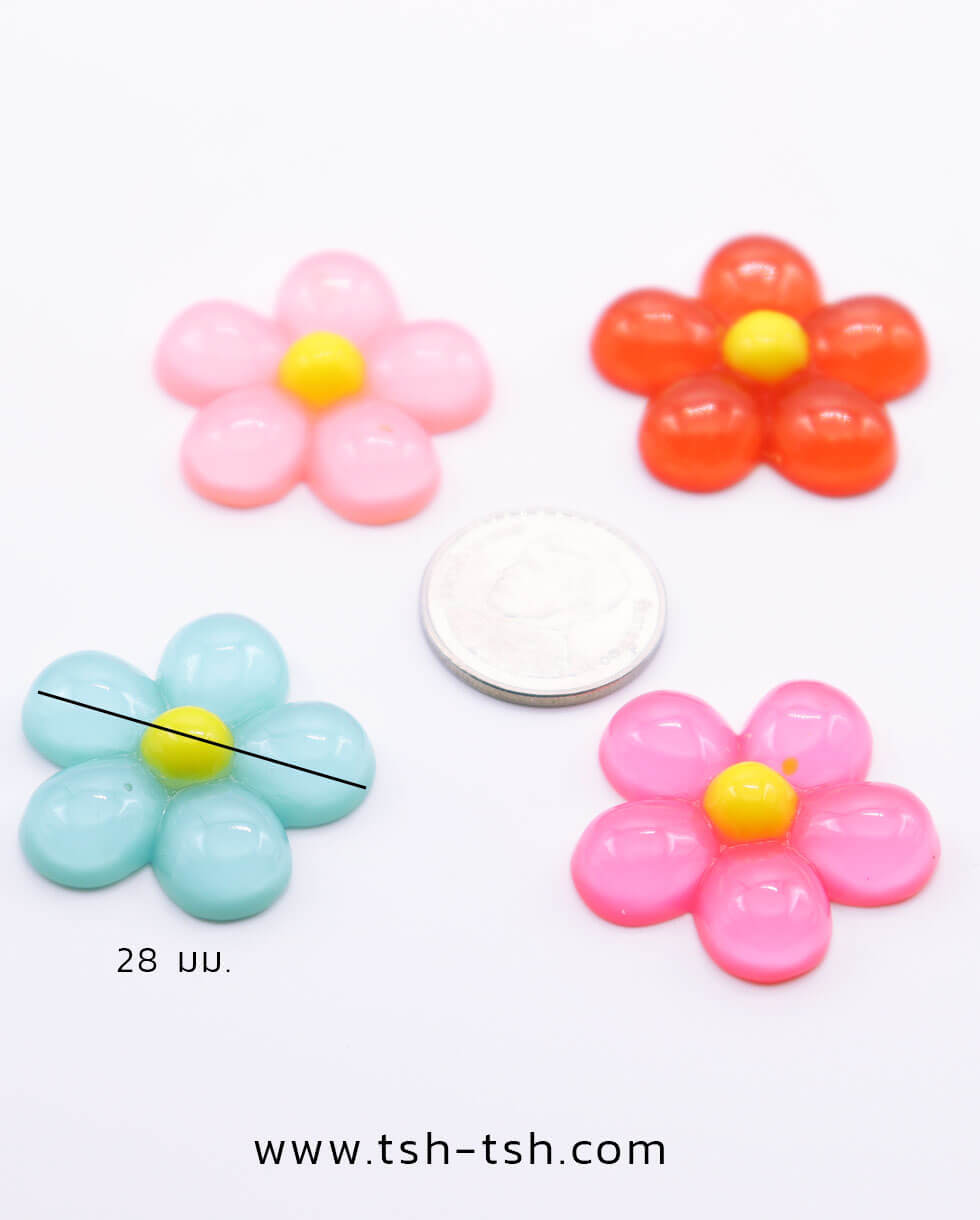 อะไหล่เรซิ่นรูปดอกไม้เจล ขนาด 28 มม. พื้นหลังแบน คละสี