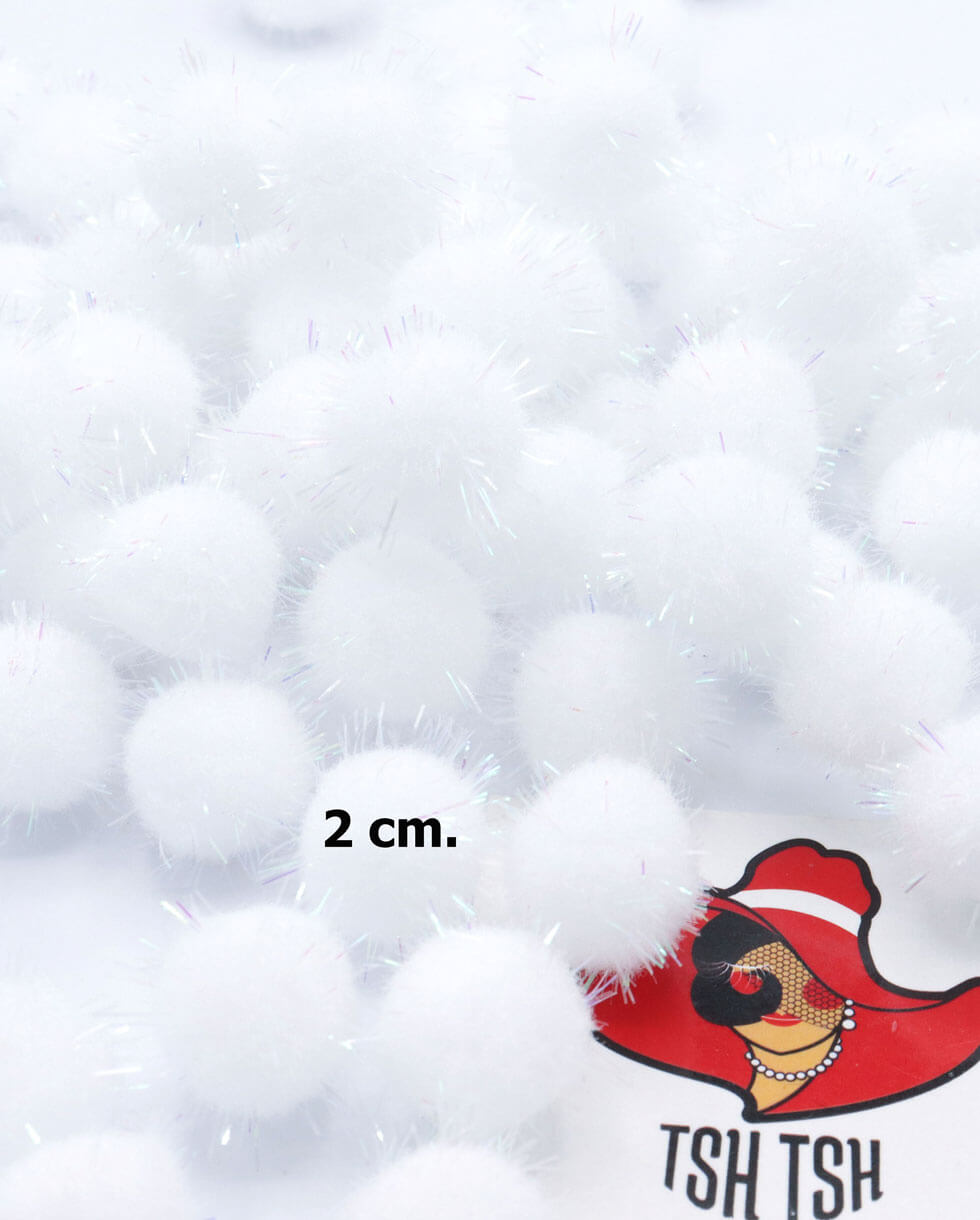 ปอม ปอม กำมะหยี่ มีดิ้น ขนาด 2 ซม. สีขาว