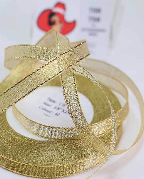 ริบบิ้นผ้าดิ้น ขนาด 10 มิล สีทอง ยาว 25 หลา #42CB