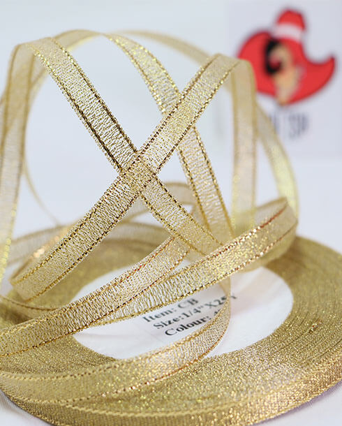 ริบบิ้นผ้าดิ้น ขนาด 7 มิล สีทอง ยาว 25 หลา #42CB