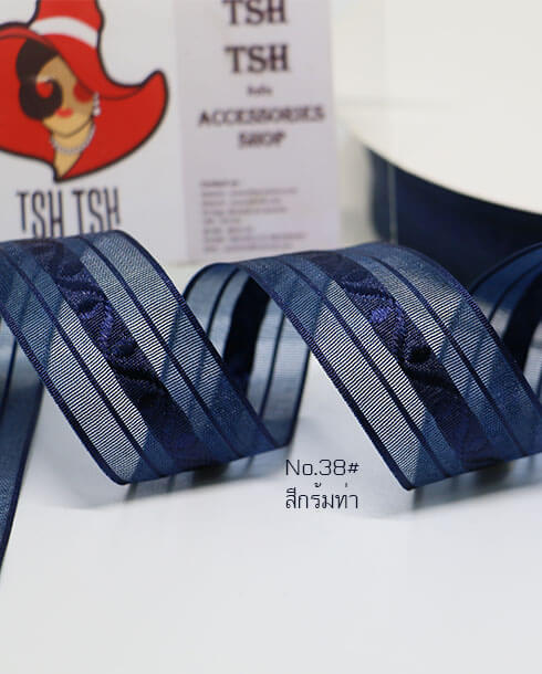 ริบบิ้นผ้าแก้ว ขนาด 1 นิ้ว สีกรมท่าทอลายไทย ยาว 50 หลา #38