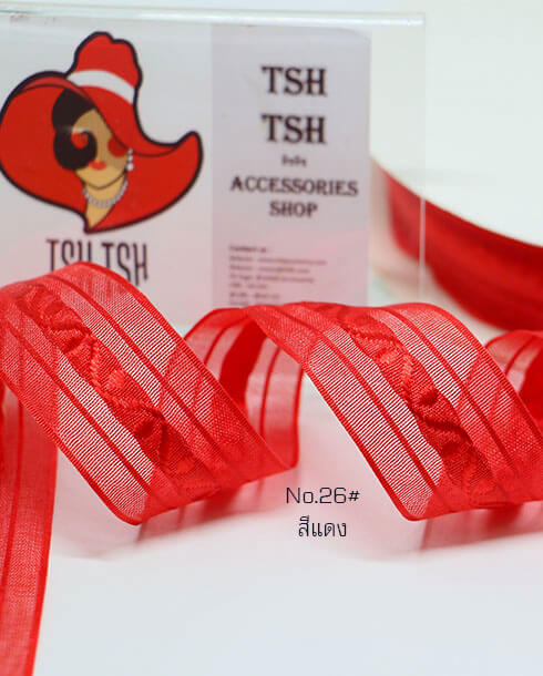 ริบบิ้นผ้าแก้ว ขนาด 1 นิ้ว สีแดงทอลายไทย ยาว 50 หลา #26